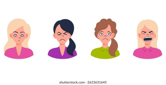 Portraits of woman. Girl Avatar. Happy, sad, angry, surprised, upset, proud faces of women. Female emotions. Facial expression. Happiness, fear, sadness, anger, surprise. Flat vector character.