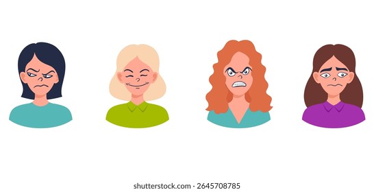 Portraits of woman. Girl Avatar. Happy, sad, angry, surprised, upset, proud faces of women. Female emotions. Facial expression. Happiness, fear, sadness, anger, surprise. Flat vector character.