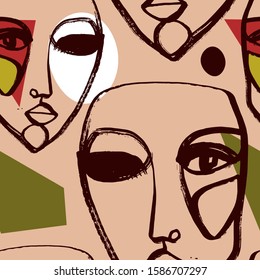 Portraits a woman in modern abstract style. Hand-drawn vector seamless pattern for your contemporary fashion design.