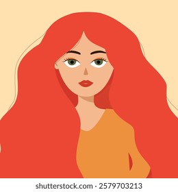 Portraits of woman with red long hair on yellow background. Vector illustration girl portrait.