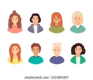 Portraits women of different hairstyle. Avatars female characters isolated on white background. Flat vector illustration.