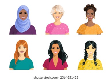 Portraits of women of different races, nationalities, ethnicities, skin colors, hairstyles. Avatars of girls of African, Asian, Arab, European appearance. Smiling beautiful women. Isolated vector.