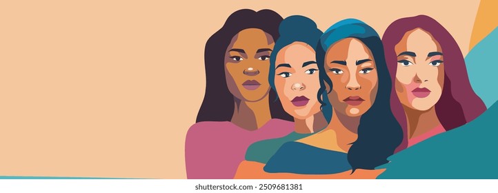 Portraits of women of different skin colors, cultures and nationalities stand side by side. Free women. Movements for gender equality and women's empowerment. International Women's Day. Vector.