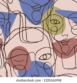 Portraits a women with glasses in modern abstract style. Hand-drawn vector seamless pattern for your contemporary fashion design.