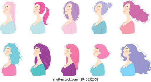 Portraits of women with hairstyles. Side view portraits. Different colored hair 