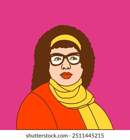 portraits of women Vector flat illustration. , curly hairs , spectacle