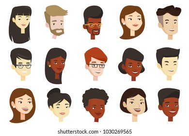 Portraits of young glad smiling men and women. Avatars of cheerful Caucasian white, African-american and Asian people in eyeglasses. Set of vector cartoon illustrations isolated on white background.