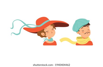Portraits of Young Man and Woman in Retro Headgears Set, Girl Dressed in Wide Brim Hat and Boy in Blue Beret, Cartoon Vector Illustration