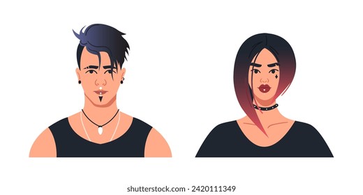 Portraits of young modern men and women of informal appearance with brightly colored hair. Avatars of female and male characters for user profiles. Vector illustration