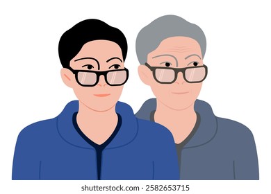 portraits of young and old man with glasses, vector illustration