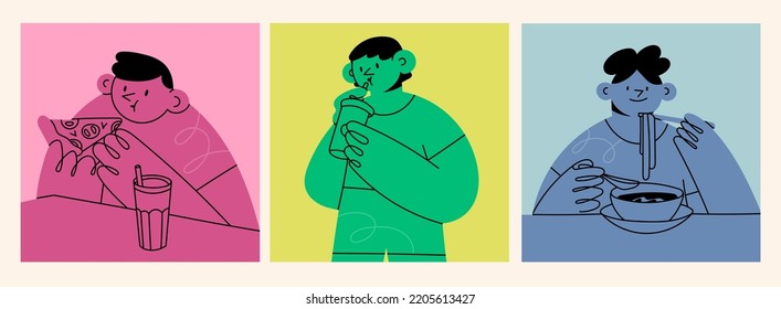 Portraits of young people eating pizza, ramen and drinking beverage from glass through the straw. Cute abstract characters. Cartoon style. Hand drawn trendy Vector set. Isolated illustrations