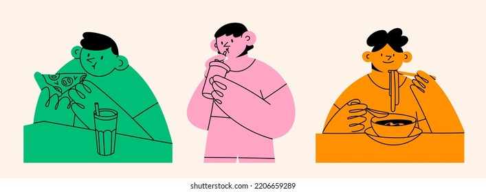Portraits of young people eating pizza, ramen and drinking beverage from glass. Fast food concept. Cute abstract characters. Cartoon style. Hand drawn trendy Vector set. Isolated illustrations