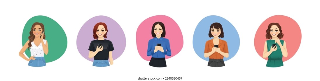 Portraits of young people talking on mobile phones. Different women icons set vector illustration isolated