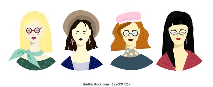 Retratos de jóvenes de moda con diferentes peinados aislados de fondo blanco. Diferentes mujeres. Ilustración vectorial plana.