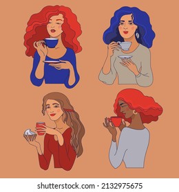 Portraits of young women with a cup of coffee. Set of girls. Flat style people isolated on light brown background. Vector illustration.