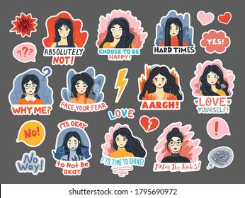 Portraits of young women expressing various emotions. Joy, delight, laughter, happiness, love, sadness, fear and anger. Hand-drawn faces, heads, characters with quotes. Cartoon vector sticker pack.