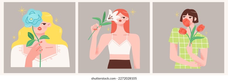 Portraits of young women holding flowers. Vector illustration of girls covering their faces with spring flowers. Trendy colorful style.