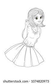 Portrate of young beautiful girl with long hair. Outline hand drawing. Good for coloring page for theÂ adult coloring book. Vector illustration