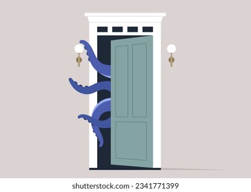 A portrayal of psychological trauma as a menacing octopus attempting to force its way in through the entrance, its eerie tentacles reaching out