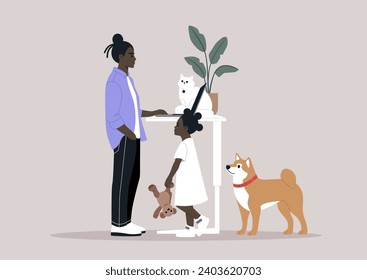 A portrayal of work-life balance - a young parent multitasking, attending to office duties remotely while being distracted by their child and pets