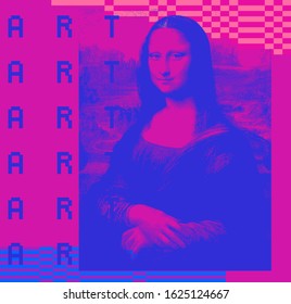 Portret made of pixels with generative art algorithm. Vaporwave and retrowave style fashion print in duotone purple and blue colors.