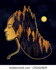 Portret of magic forest nymph, mysterious character from fairy tales. Isolated vector illustration. Dreamy magic tattoo art.