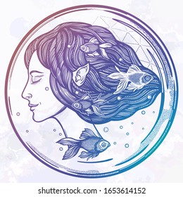 Portret of young fairy with gold fishes. Magic river nymph, mysterious character from mermaid tales. Isolated vector illustration.