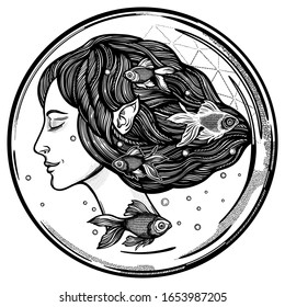 Portret of young fairy with gold fishes. Magic river nymph, mysterious character from mermaid tales. Isolated vector illustration.