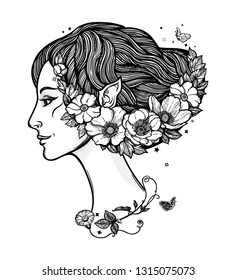 Portret of young girl witch with flowers. Magic forest nymph, mysterious character from fairy tales. Isolated vector illustration.