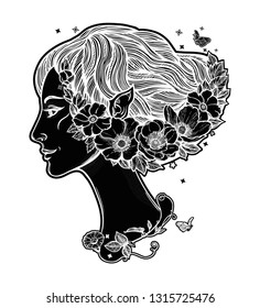 Portret of young girl witch with flowers. Magic forest nymph, mysterious character from fairy tales. Isolated vector illustration.