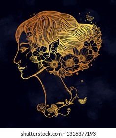 Portret of young girl witch with flowers. Magic forest nymph, mysterious character from fairy tales. Isolated vector illustration.