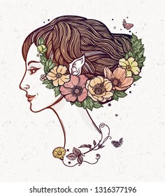 Portret of young girl witch with flowers. Magic forest nymph, mysterious character from fairy tales. Isolated vector illustration.