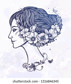 Portret of young girl witch with flowers. Magic forest nymph, mysterious character from fairy tales. Isolated vector illustration.