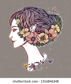 Portret of young girl witch with flowers. Magic forest nymph, mysterious character from fairy tales. Isolated vector illustration.