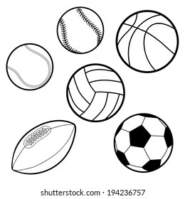 ports Balls (baseball, basketball, tennis ball, volleyball, rugby, soccer ball) outline Illustration Vector 