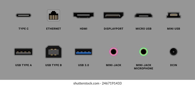 Puertos en el ordenador, conjunto realista de cables, conectores y adaptadores. Vector aislado tipo c y mini USB, mini jack y displayport, HDMI para monitor, micrófono y dcin, ethernet