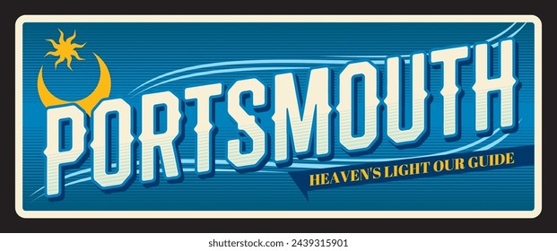 Portsmouth city in Hampshire, England. Vector Britain travel plate or sticker, UK vintage tin sign, retro vacation postcard or journey signboard, luggage tag. Souvenir card with motto