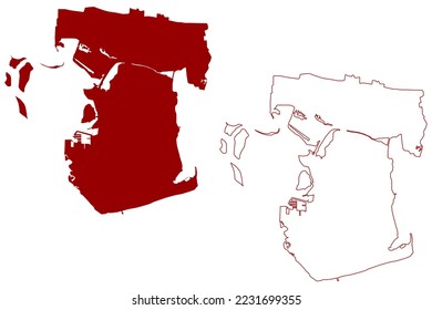 Portsmouth City and unitary authority (United Kingdom of Great Britain and Northern Ireland, ceremonial county Hampshire or Hants, England) map vector illustration, scribble sketch map