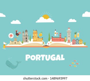 Portugal abstract design with icons, symbols destinations landmarks. Explore Portugal concept image. For banner, travel guides. Vector illustration