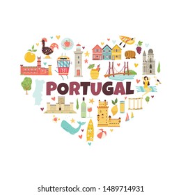 Portugal abstract design with icons, symbols destinations landmarks. Explore Portugal concept image. For banner, travel guides. Vector illustration