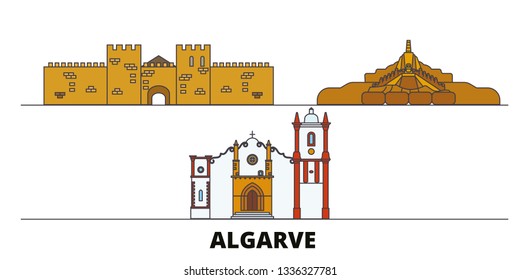 Portugal, Algarve flat landmarks vector illustration. Portugal, Algarve line city with famous travel sights, skyline, design. 