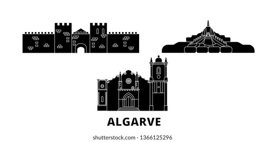 Portugal, Algarve flat travel skyline set. Portugal, Algarve black city vector illustration, symbol, travel sights, landmarks.