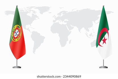 Portugal and Algeria flags for official meeting against background of world map.