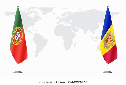 Portugal and Andorra flags for official meeting against background of world map.