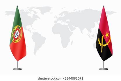 Portugal and Angola flags for official meeting against background of world map.