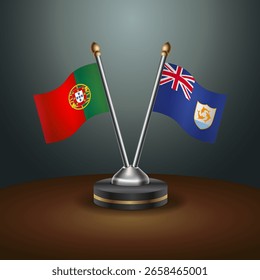 Portugal- und Anguilla-Tischfahnen mit Farbverlauf-Hintergrund. Vektorgrafik