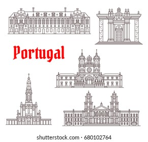 Portugal architecture and Portuguese famous landmark buildings. Vector isolated icons and facades of Coimbra Library, Fatima Sanctuary and Alcobaca Monastery or Mafra Palace and Foz Castle