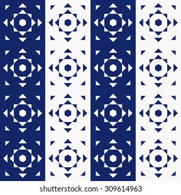 Portugal azulejos inspired vector seamless pattern of colorful triangles and hexagons