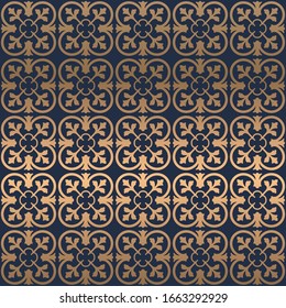 Portugal azulejos tile seamless patterns. gold and blue ornament Luxury tile. Graphic modern pattern, Zellige tile seamless vector background
