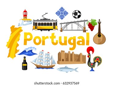 Portugal background design. Portuguese national traditional symbols and objects.